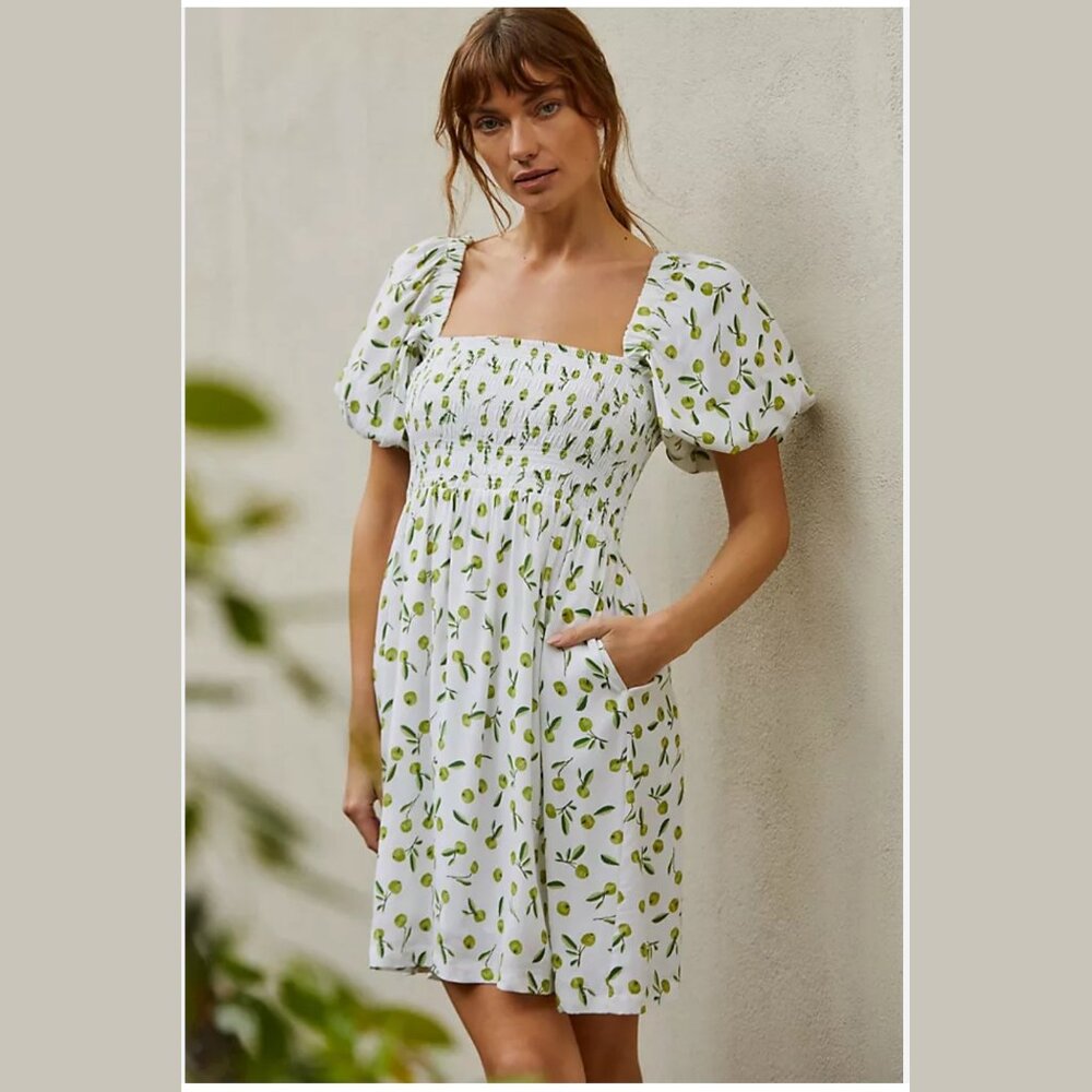 Anthropologie Seafolly Summer Crush Puff-Sleeve Smocked Olive Print Dress Size S